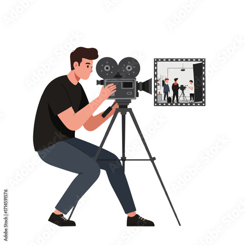 Flat 2D vector illustration of a professional cameraman filming a movie scene with a camera on a tripod, isolated on a white background, symbolizing media and film production.