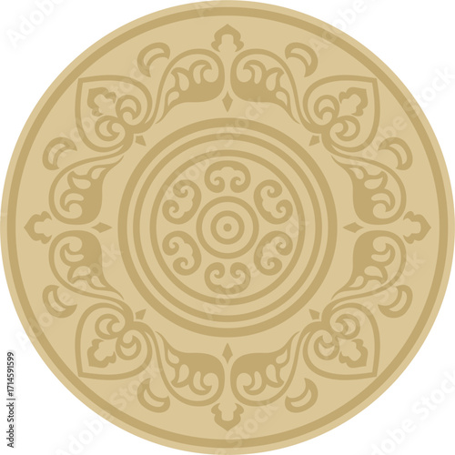 Vector round gold ancient Russian ornament. Slavic border, frame. Circle, ring. Painting of the royal chambers.
