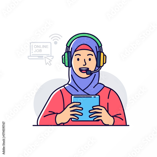 A woman wearing a hijab and headset, holding a tablet, representing online work or remote employment.