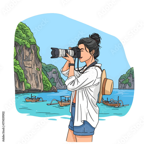 A woman with a camera photographs a scenic tropical bay with limestone cliffs and traditional boats.