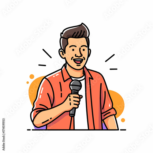 A smiling man in an orange shirt holding a microphone and speaking into it, with abstract orange circles in the background.