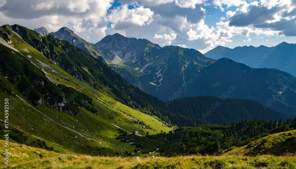 Fototapeta premium Mountain valley landscape with green slopes and clouds