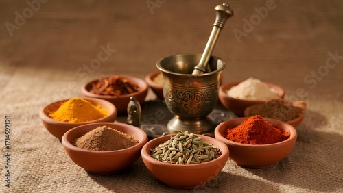 Fototapeta Naklejka Na Ścianę i Meble -  Herbal remedies and spices arranged around a mortar and pestle