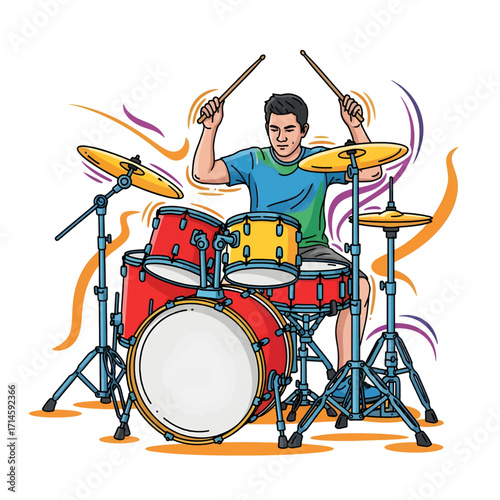 A young man energetically playing a red and yellow drum set with drumsticks.