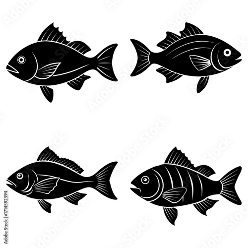 Four fish silhouettes swimming in different directions with detailed fins and tails on a white background
