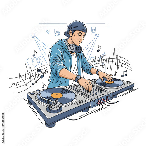 A DJ wearing headphones and a baseball cap, intently mixing music on turntables with sound waves emanating from the equipment.