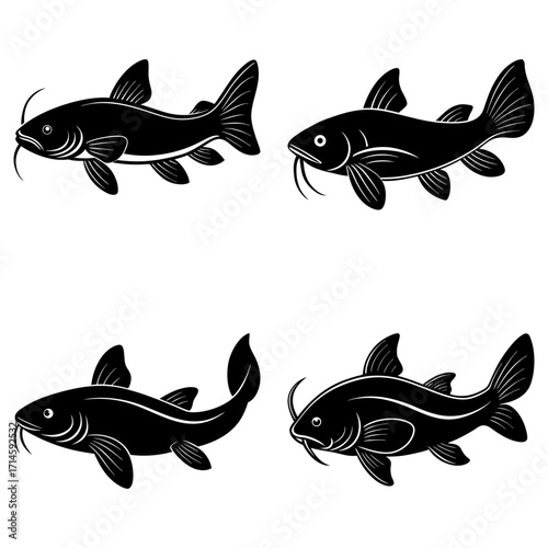 Illustration of four black catfish with whiskers swimming in different directions on a white background