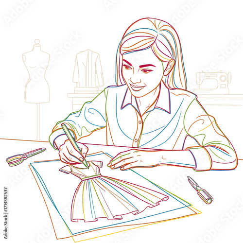 A young fashion designer sketches a dress design at a table with drawing tools and a sewing machine in the background.