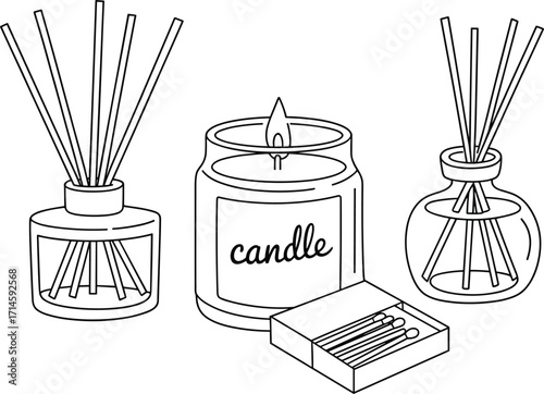 Line Art Drawing of Scented Candle Diffusers, Candle Jar, and Matchbox reed diffuser fragrance
