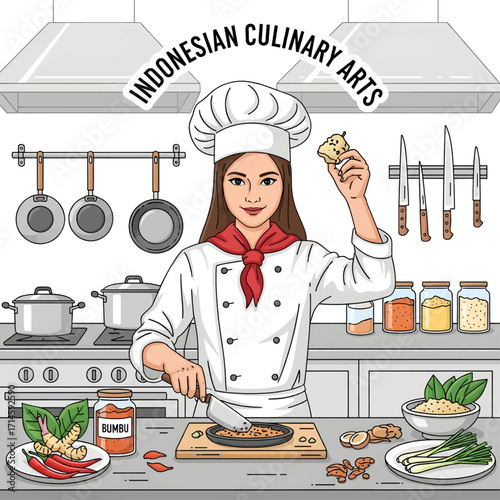 A female chef in a professional kitchen preparing Indonesian food, surrounded by ingredients and cooking utensils.