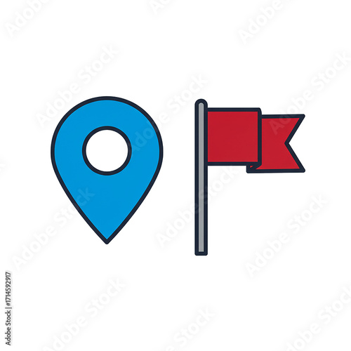 An illustration with blue location pin icon next to the red flag icon. The image perfectly captures the essence of marking a destination and indicating a specific point or place
