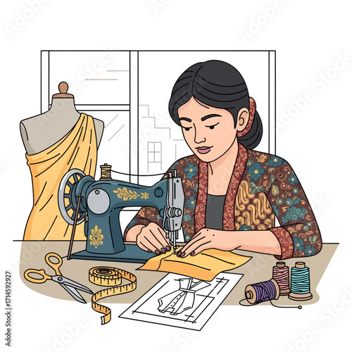 A woman in traditional clothing is diligently sewing a garment on a vintage sewing machine, surrounded by tailoring tools.