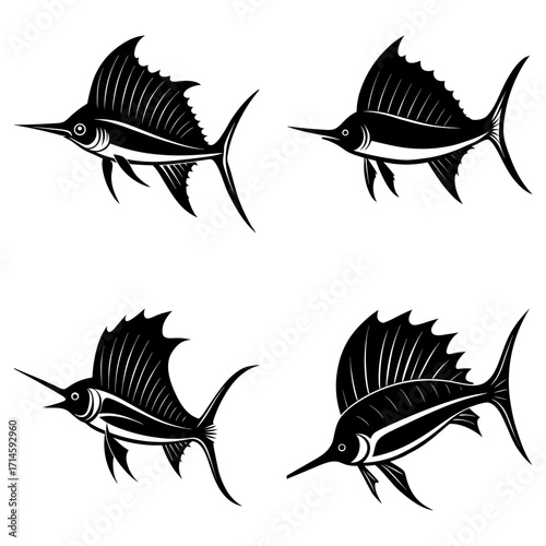 Four stylized black and white sailfish illustrations with prominent fins and elongated snouts shown