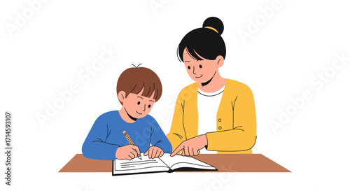 A mother helps her son with his homework at a table.