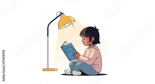 A young child sits cross-legged on the floor, engrossed in reading a book under the warm glow of a floor lamp.