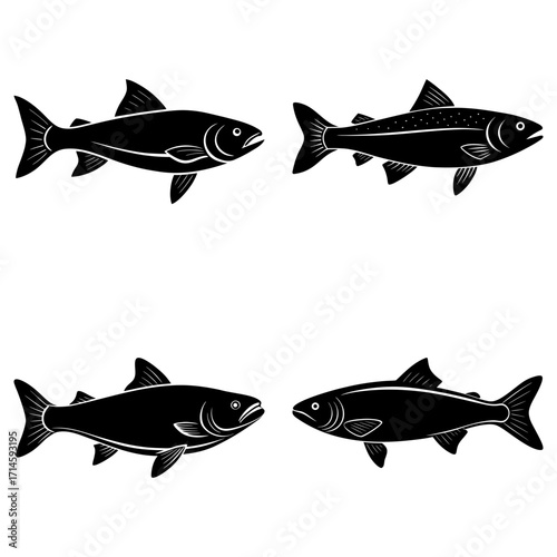 Illustration showing four black silhouette fish swimming in different directions on a white background