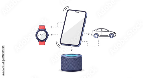 Illustration of a smartphone connecting to a smartwatch, a smart speaker, and a car, representing interconnected smart devices.