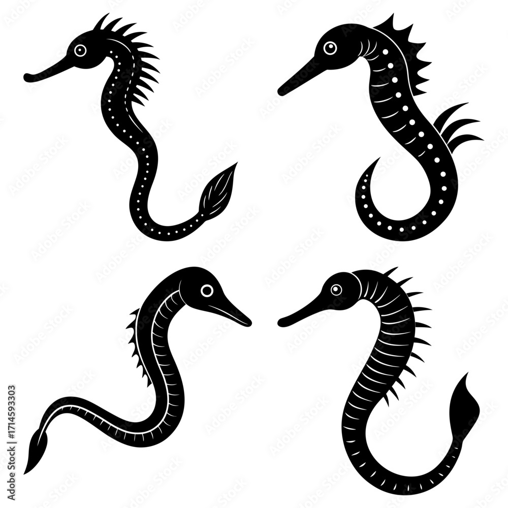 Obraz premium Four seahorses in black and white with different designs and tail shapes in a simple graphic style
