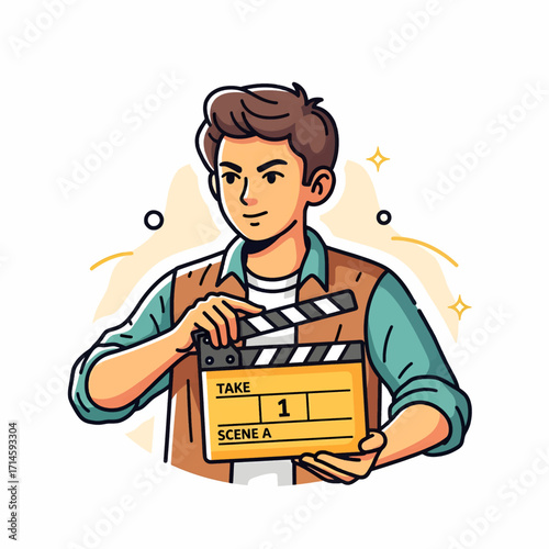 A young man in casual attire holds a film clapperboard, ready to start a movie scene.