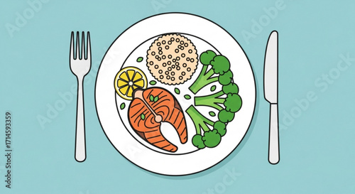 Healthy salmon meal prep with rice and broccoli on a plate with fork and knife illustration vector