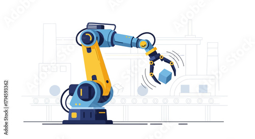 A blue and yellow robotic arm in a factory setting, precisely picking up a blue cube from a conveyor belt.