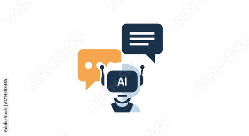An illustration of an AI robot head with two speech bubbles, symbolizing artificial intelligence communication and chatbot interaction.