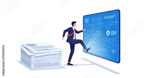 Businessman stepping over a stack of papers towards a digital screen with data.