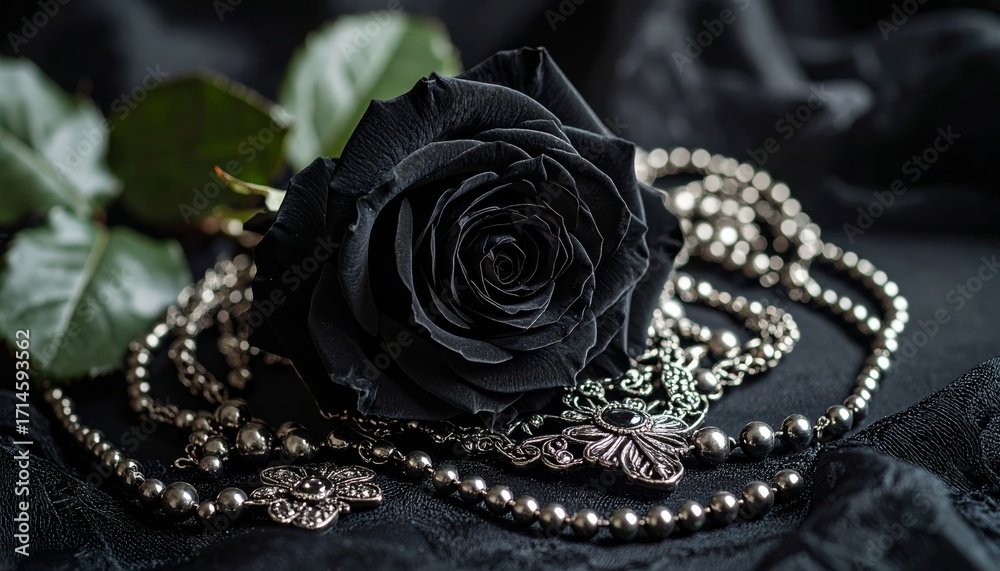 Obraz premium Textured artwork shows a dark rose entwined with silver jewelry with petals.