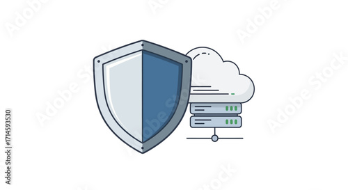 Illustration of a shield protecting a cloud server, representing cloud security and data protection.