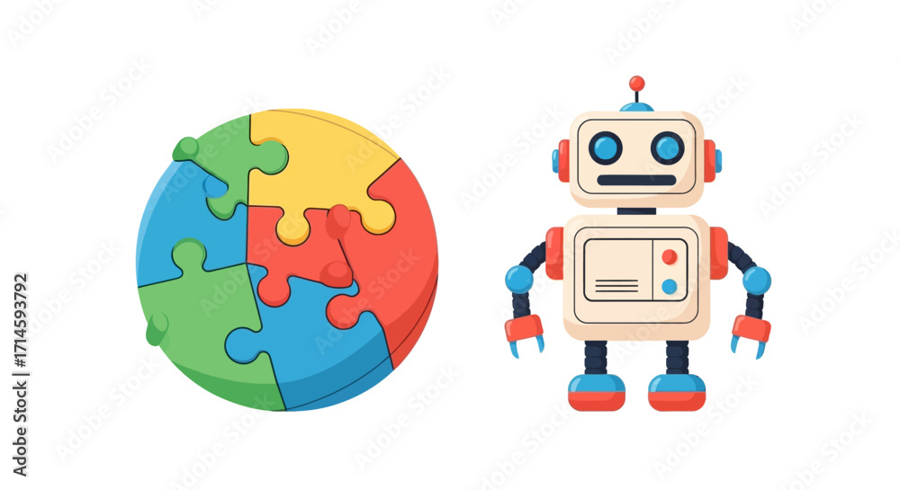 Fototapeta premium A colorful circular jigsaw puzzle with four distinct pieces next to a friendly cartoon robot, symbolizing problem-solving and artificial intelligence.