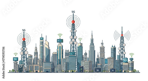 A panoramic illustration of a modern city skyline featuring numerous 5G towers and communication antennas integrated with skyscrapers.