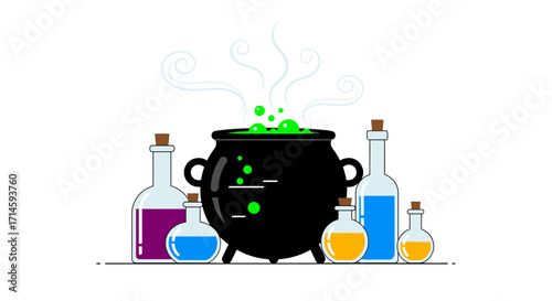 A cauldron with bubbling green liquid, surrounded by various colorful bottles, suggesting a scene of alchemy or potion-making.
