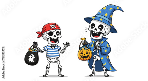 Two cartoon skeletons in pirate and wizard costumes trick-or-treating for Halloween, holding candy bags and smiling on a white background.