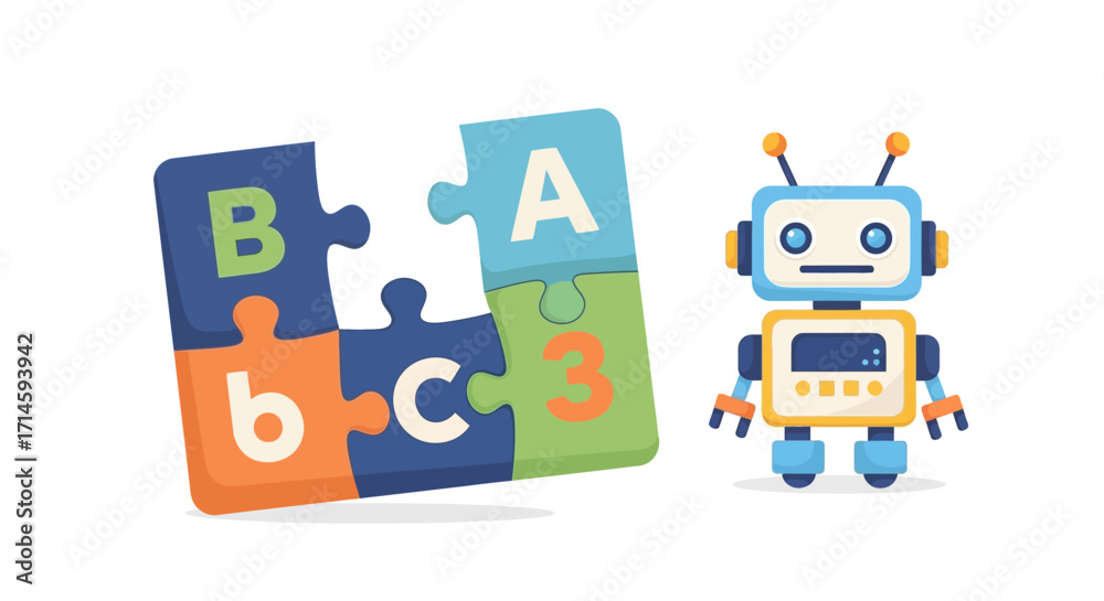 Naklejka premium A colorful illustration featuring a jigsaw puzzle with letters and numbers, alongside a cute robot.
