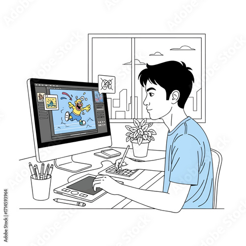 A young man is sitting at a desk and drawing on a computer with a stylus and tablet.