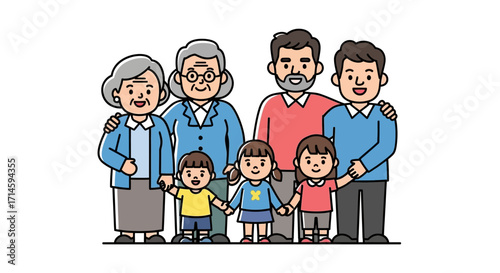 An illustration of a happy multi-generational family, including grandparents, parents, and three young children, standing together and smiling.