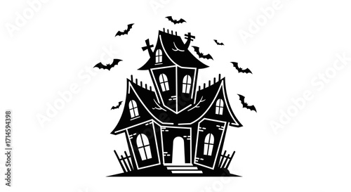 Spooky haunted house with bats illustration.