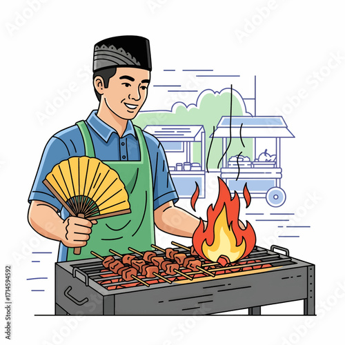 A smiling man wearing a traditional cap and apron is grilling skewers of meat over a charcoal grill, fanning the flames with a yellow fan.