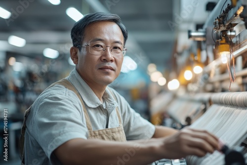 Focused male winder inspecting threads in a busy textile factory during daylight hours
