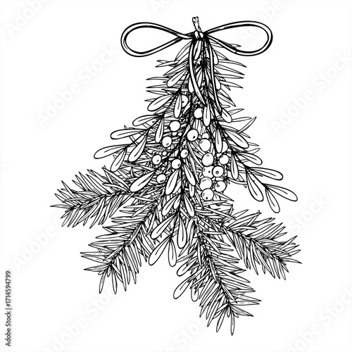 Christmas spruce and mistletoe branches bouquet tied with decorative rope monochrome vector illustration. Winter evergreen plants etching drawing for holiday greeting cards, seasonal decor