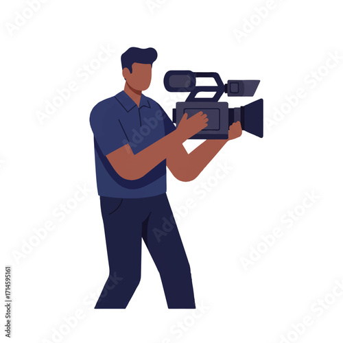 A professional cameraman operates a modern handheld video camera in a clean 2D flat vector illustration against a plain white background, ready for recording.