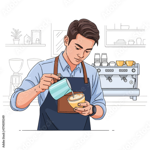 A skilled barista carefully pours steamed milk into a cup of coffee, creating latte art in a cafe setting.