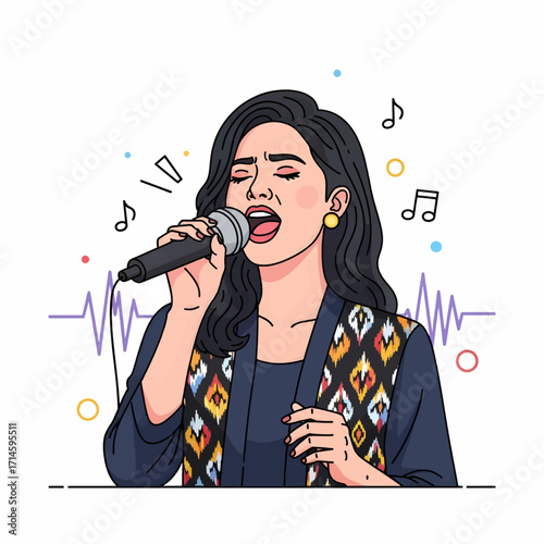 A woman with dark hair, wearing a patterned vest over a dark top, is singing passionately into a microphone with her eyes closed.