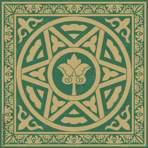 Vector gold with green square classic byzantine ornament. Rectangle, border, Ancient Greece, Eastern Roman Empire frame. Decoration of the Russian Orthodox Church
