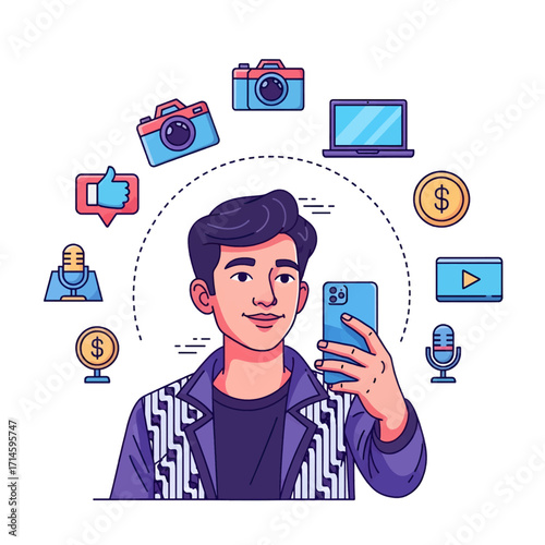 A young man taking a selfie with a smartphone surrounded by icons representing content creation and social media.