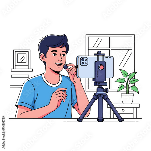 A young man is recording a video with his smartphone on a tripod, holding a microphone.