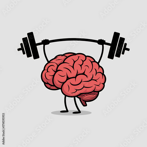 Brain Lifting Weights Cartoon Illustration for Mental Strength and Cognitive Function Enhancement depicting Brainpower and Intellectual Fitness