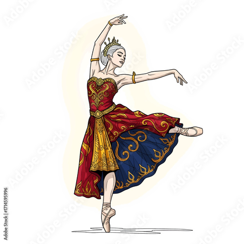 A graceful ballerina in a vibrant, ornate costume performs a classical ballet pose on pointe.