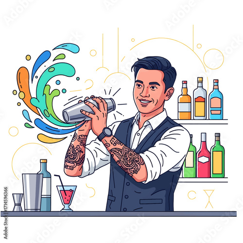 A skilled bartender with tattoos on his arms is expertly shaking a cocktail in a shaker, with colorful splashes erupting from it.