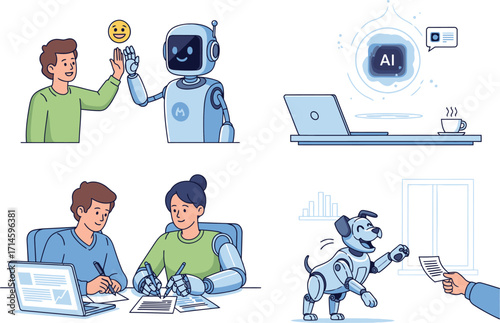 Robots and humans collaborate and interact in various futuristic scenarios